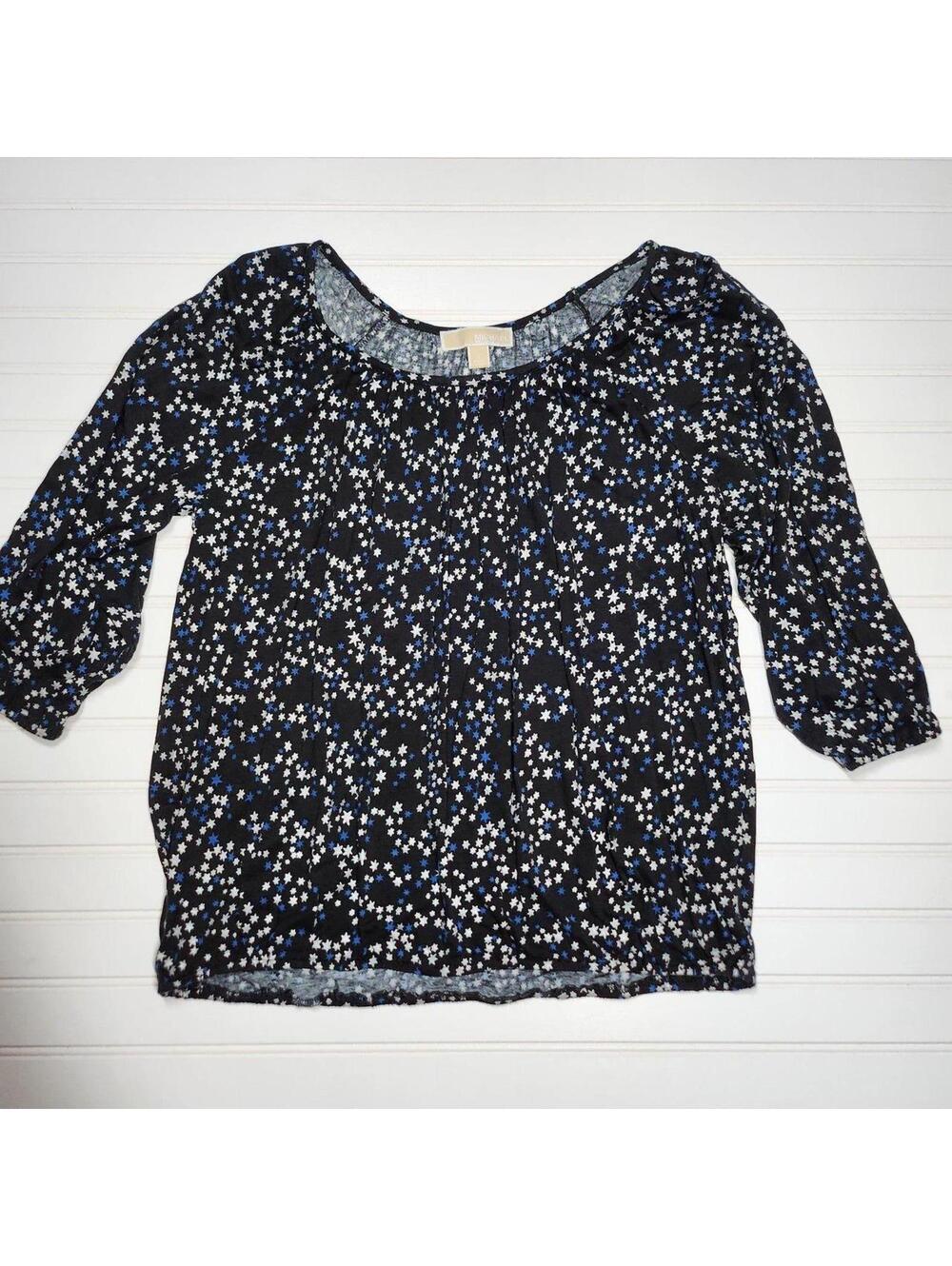 Michael Kors Floral Print Soft Knit Blouse 3/4 Sleeve Top Black Blue White Large